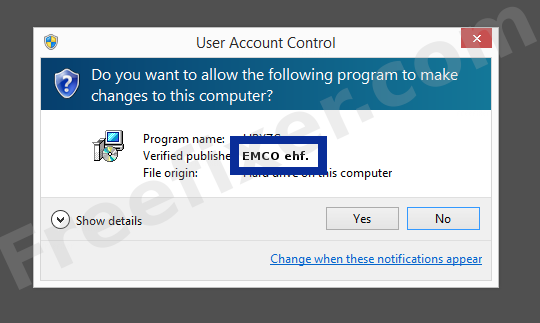 Screenshot where EMCO ehf. appears as the verified publisher in the UAC dialog